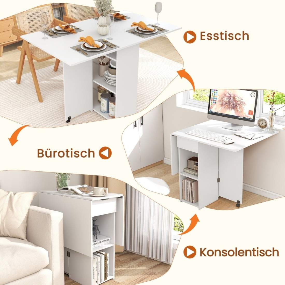 Fällbart matbord med 2 hjul, mobilt hopfällbart bord, matsalsbord med 2-vånings förvaringsutrymme och låda, vit | Hem & Hobby - Hem & Hushåll - Kök - Köksredskap | Pryloteket