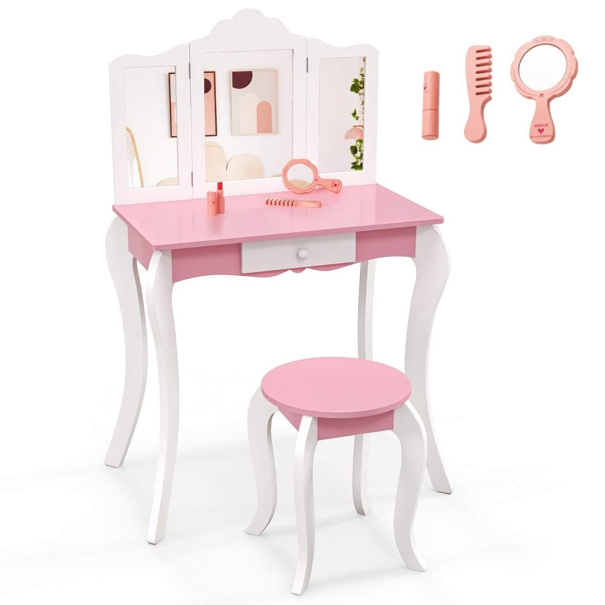 2 i 1 toiletbord til børn med skammel & 3-fold aftageligt spejl & skuffe toiletbord