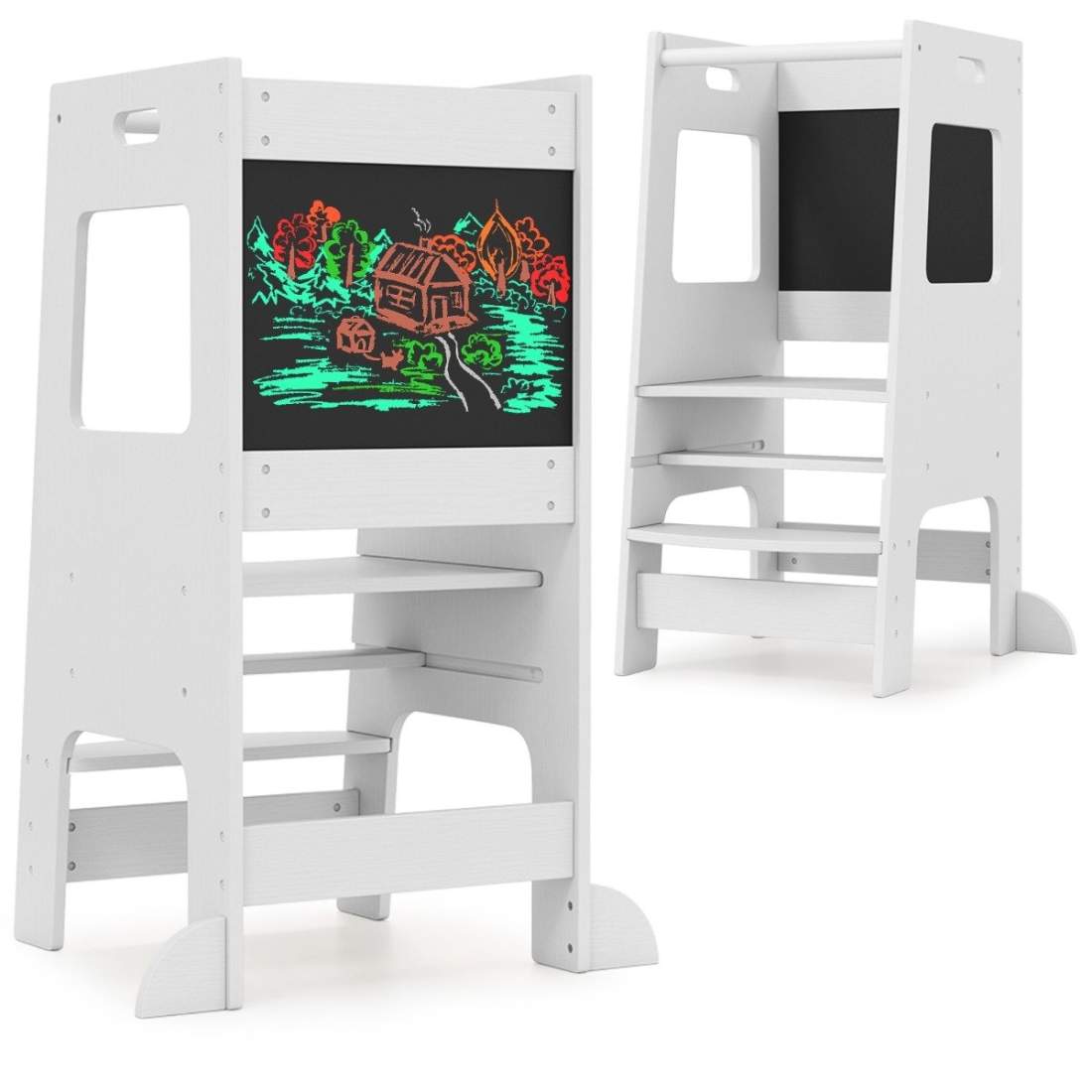 2 i 1 Kitchen Helper Learning Tower med 3 justerbara höjder & Tavlan Step Pall Learning Chair Vit | Hem & Hobby - Hem & Hushåll - Bygg | Pryloteket
