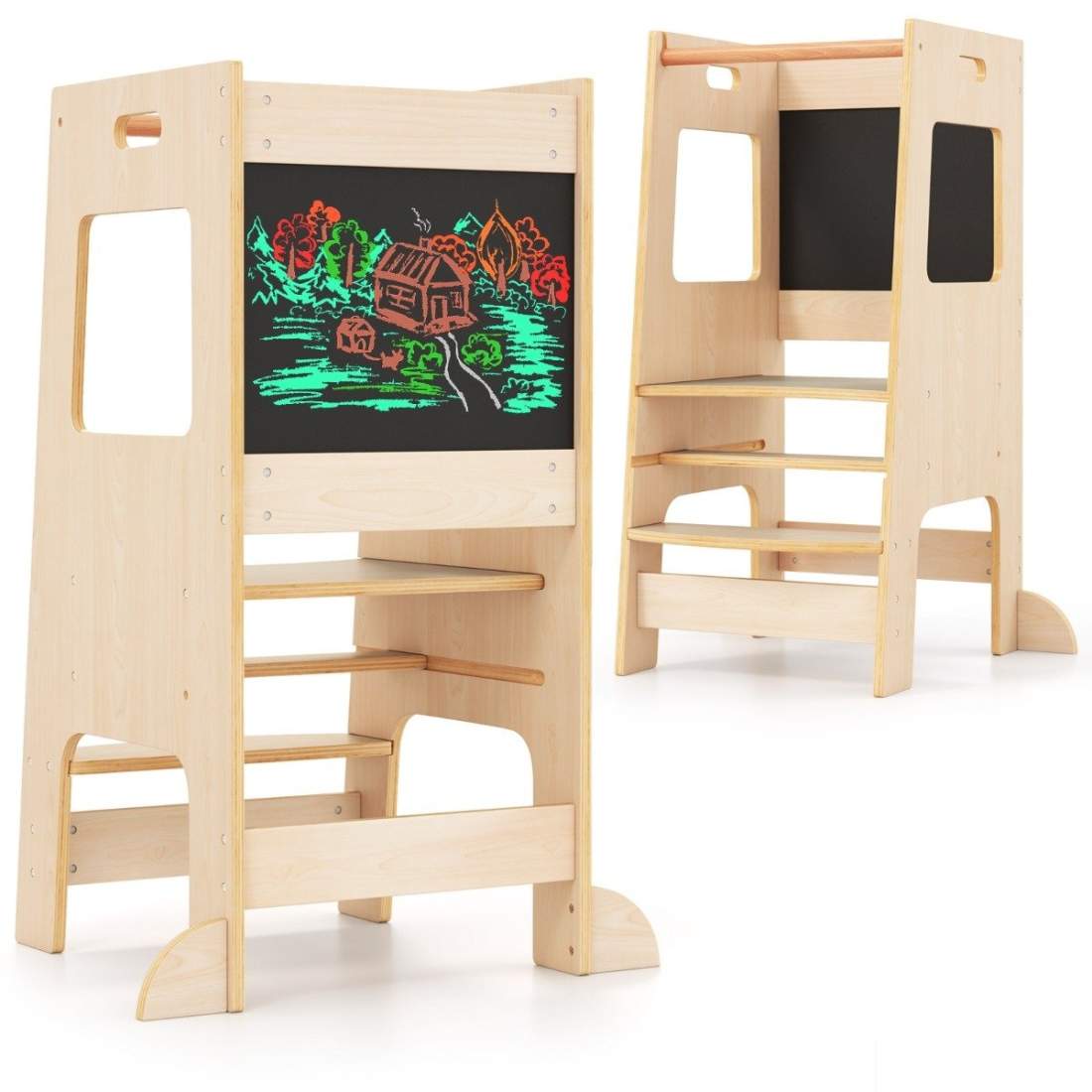 2 i 1 Kitchen Helper Learning Tower med 3 justerbara höjder & Tavlan Step Pall Learning Chair Natural | Hem & Hobby - Hem & Hushåll - Bygg | Pryloteket