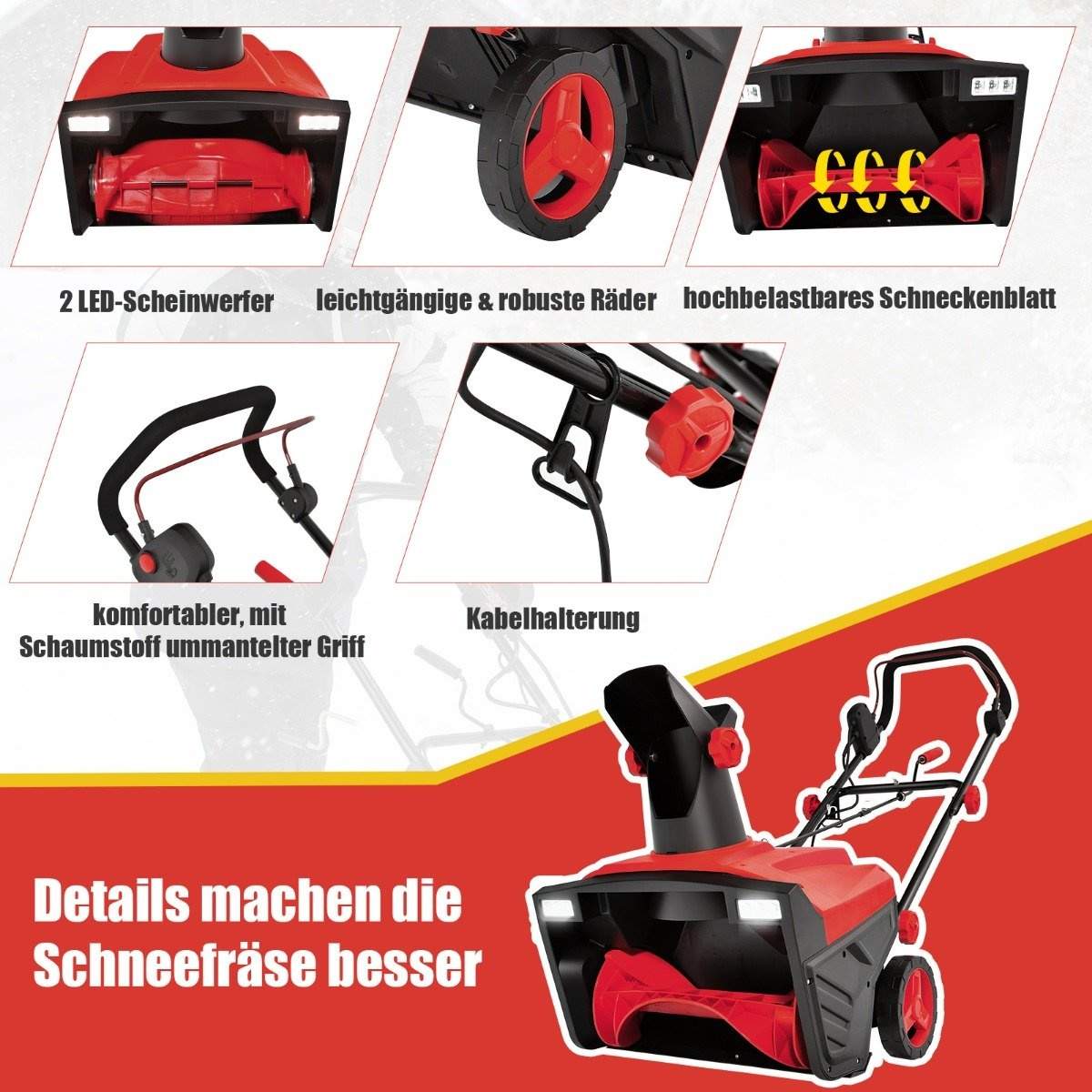 Elektrisk sneslynge med LED-lys & 15 A motor 50 cm arbejdsbredde 25 cm arbejdshøjde Rød + Sort