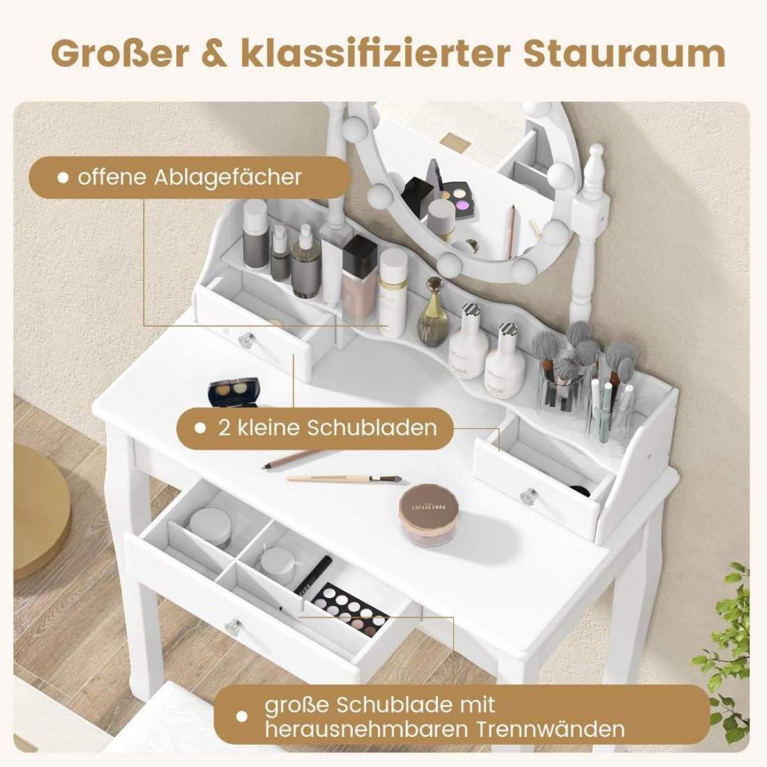 Sminkbord med LED-belysning justerbar ljusstyrka sminkbord med 3 lådor vit | Mode & Accessoarer - Accessoarer | Pryloteket