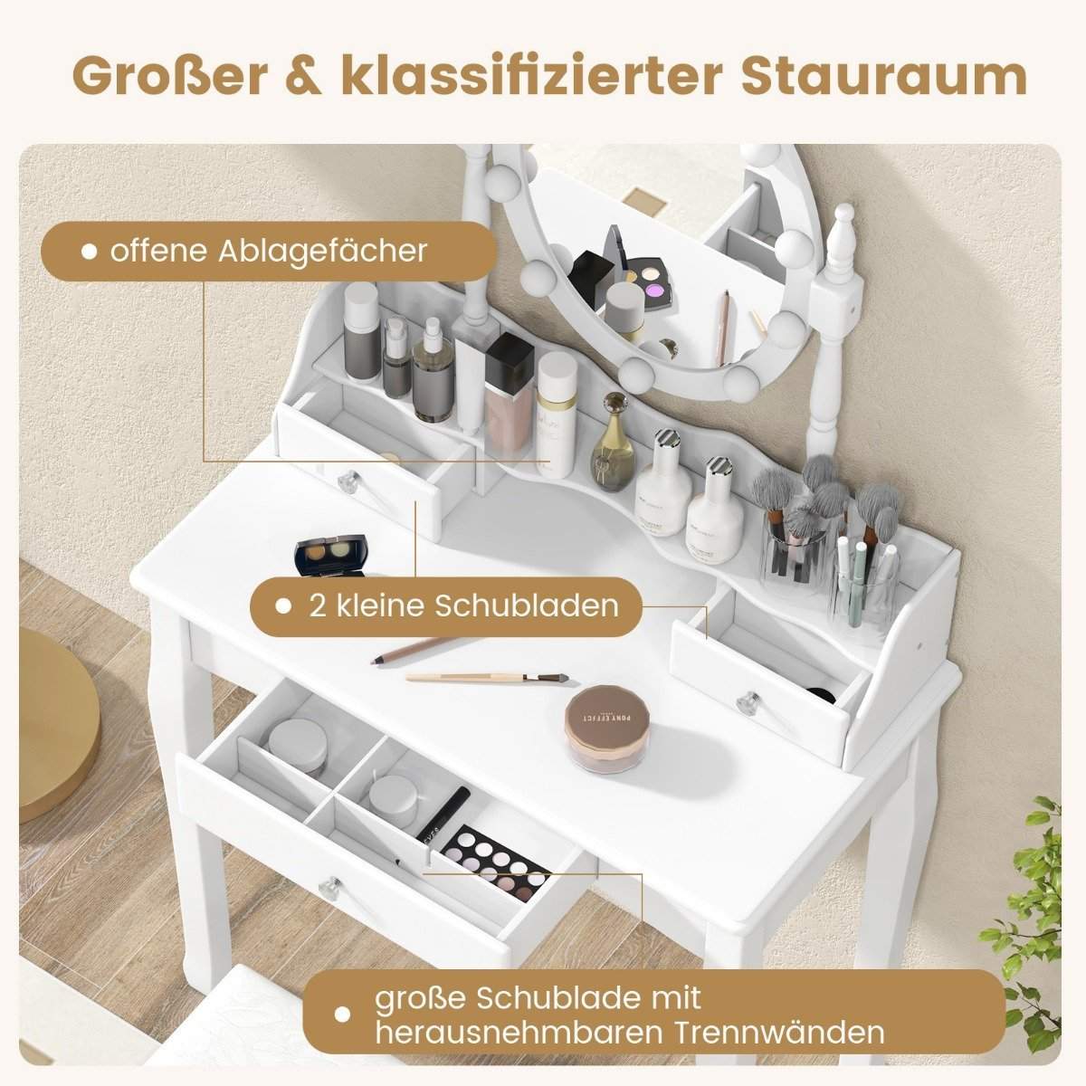 Toiletbord med LED-belysning justerbar lysstyrke toiletbord med 3 skuffer hvid