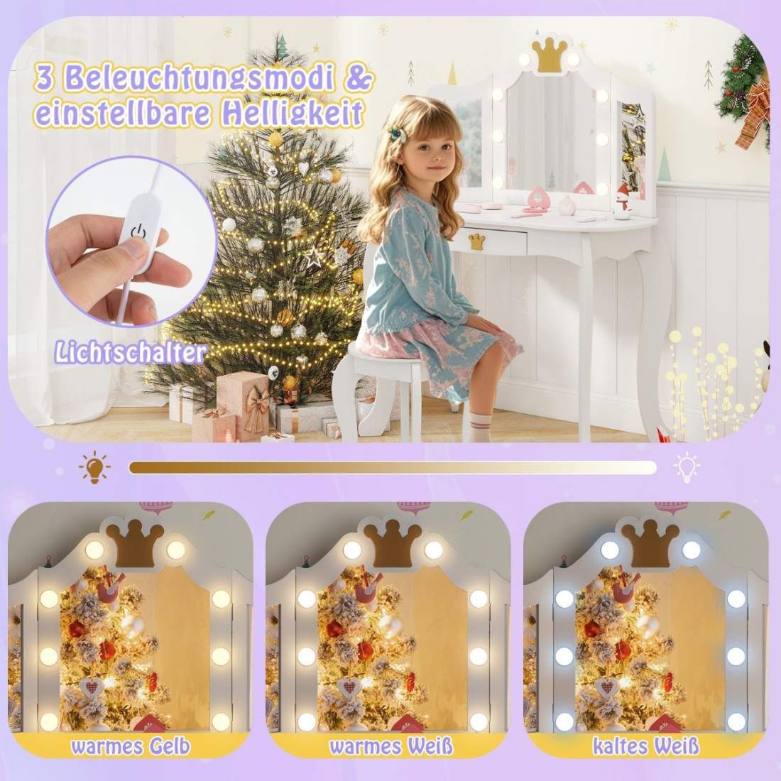 Sminkbord för barn med belysning, sminkbord för tjejer med trefällbar spegel, vit | Sport & Fritid - Friluftsliv & Camping - Belysning | Pryloteket