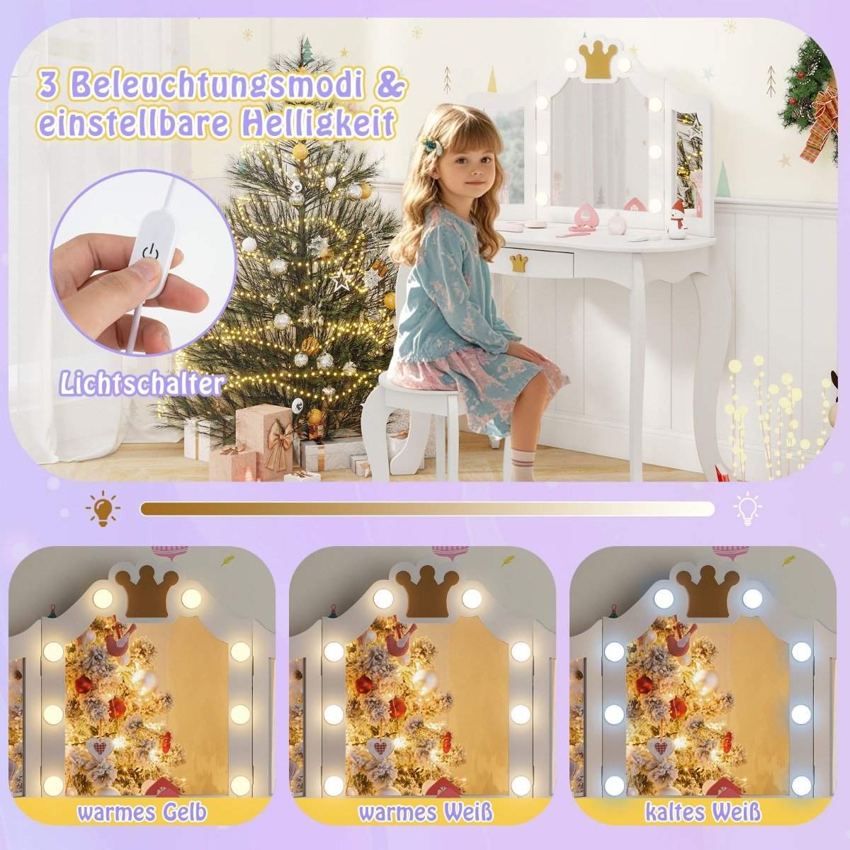 Sminkebord til børn med belysning, sminkebord til piger med trefoldet spejl, hvid