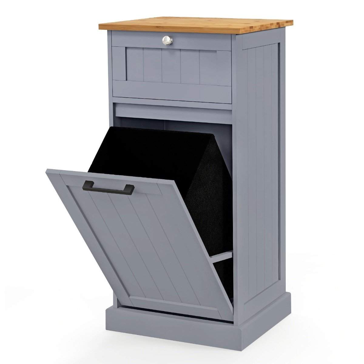 Vaskeskab med vasketøjskurv & skuffe & bambus bordplade vasketøjsopsamler grå