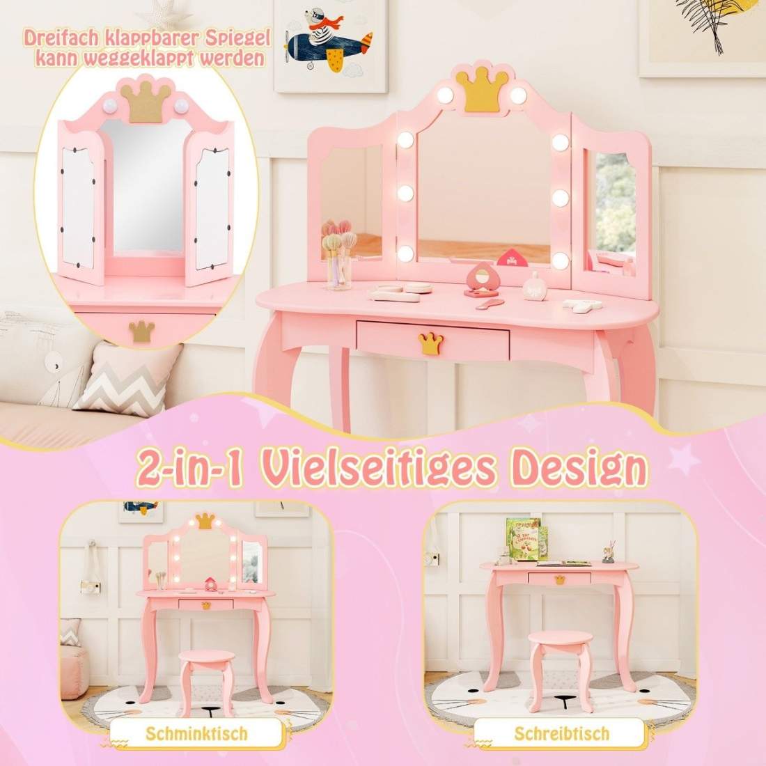 Sminkbord för barn med belysning, sminkbord för tjejer med trefaldig spegel, rosa | Sport & Fritid - Friluftsliv & Camping - Belysning | Pryloteket