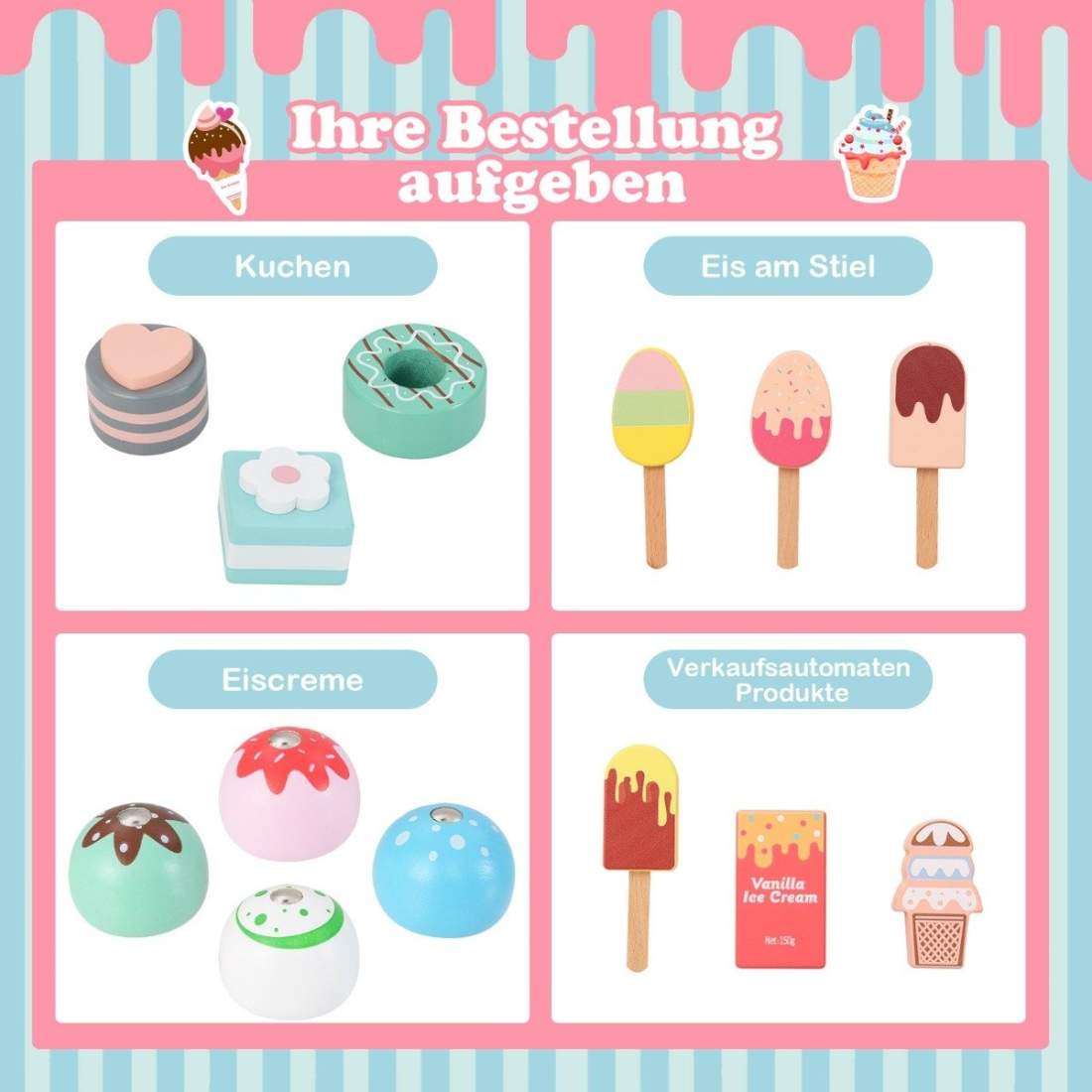 Glassvagn för barn med glass leksaksbutik trä med glassmaskin rosa | Elektronik - Tillbehör Mobil & Surfplatta - Mobiltillbehör - Mobilkablar - Tillbehör | Pryloteket