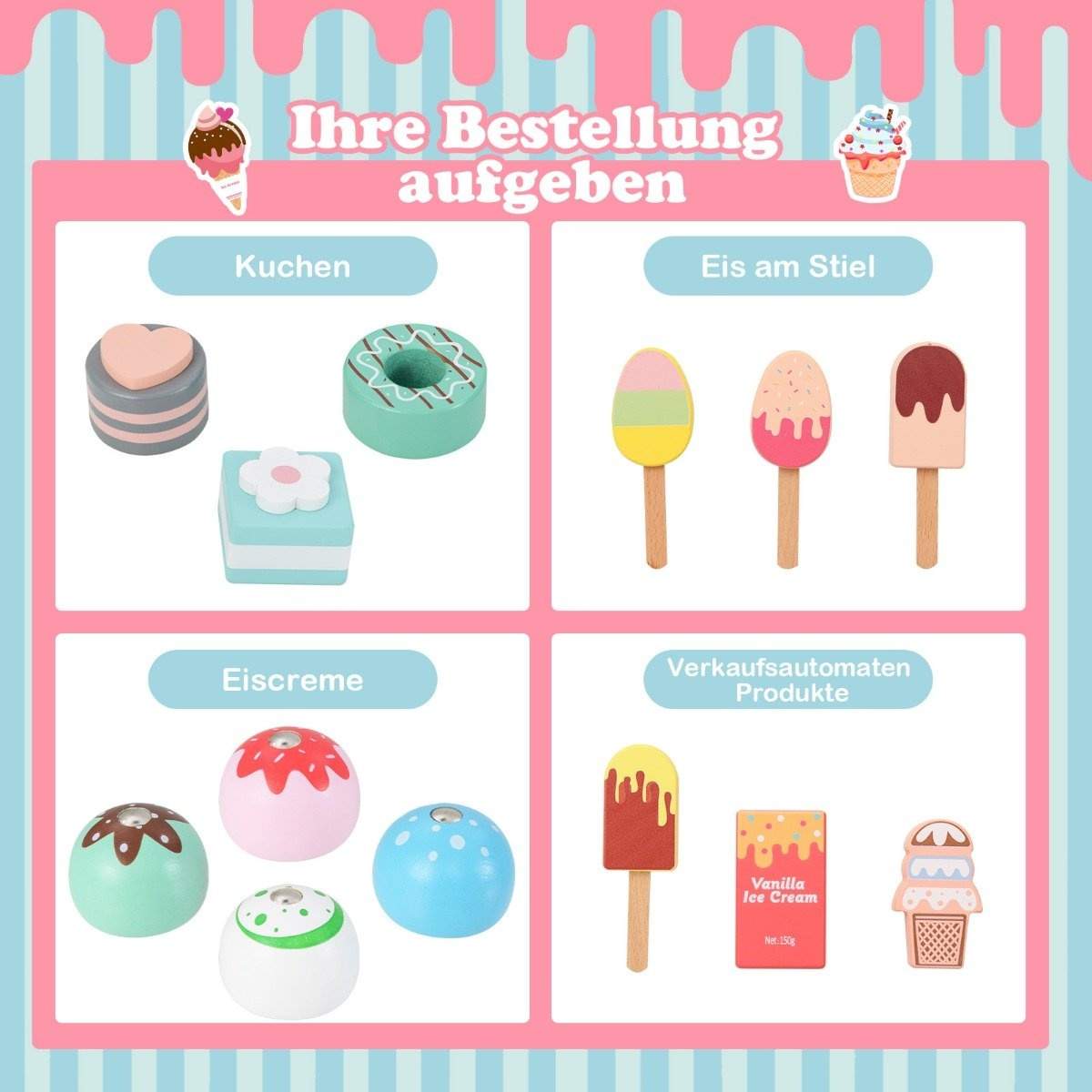 Isvogn til børn med is legetøjsbutik træ med ismaskine pink