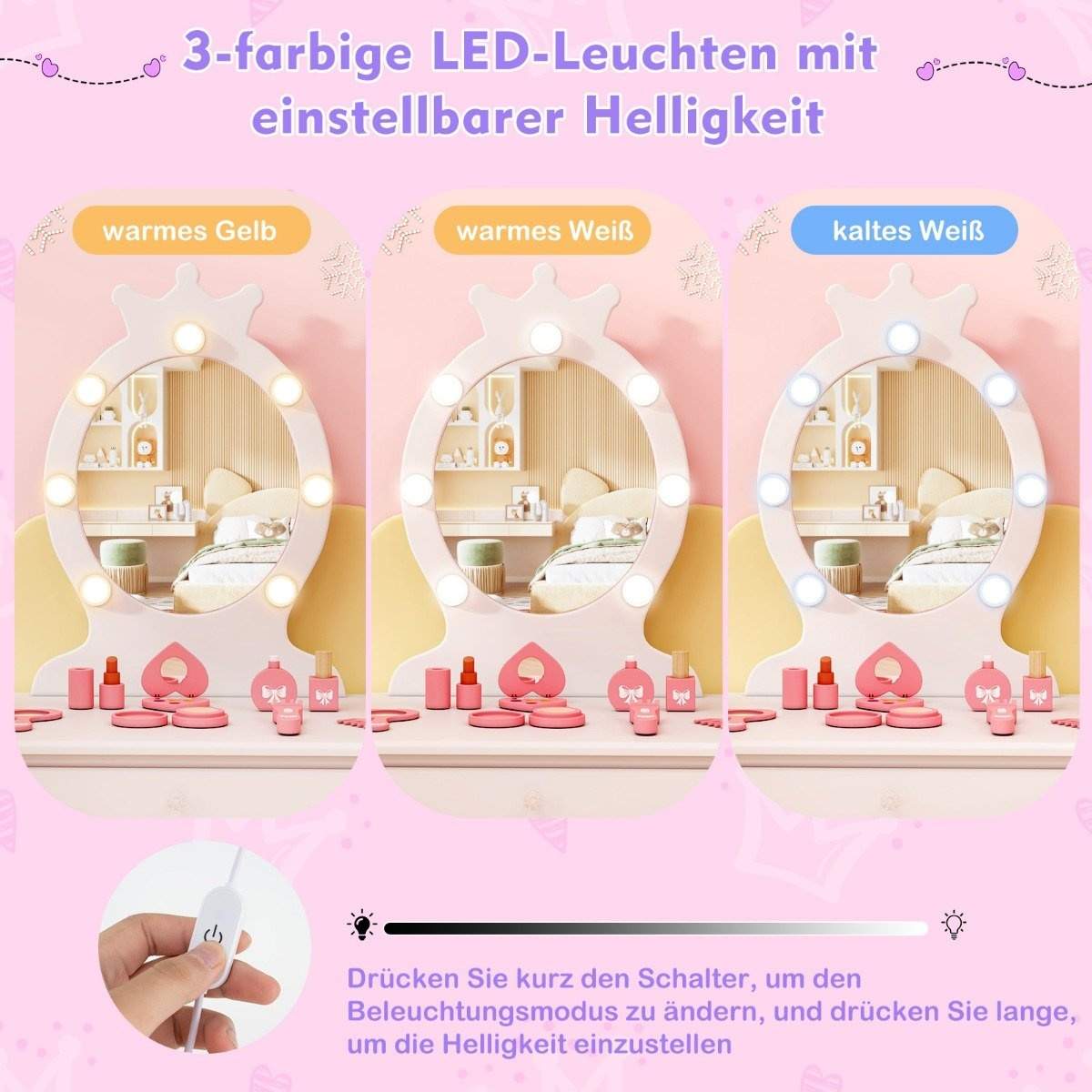 Børne sminkebord med belysning 2 i 1 prinsesse sminkebord med aftageligt spejl hvid