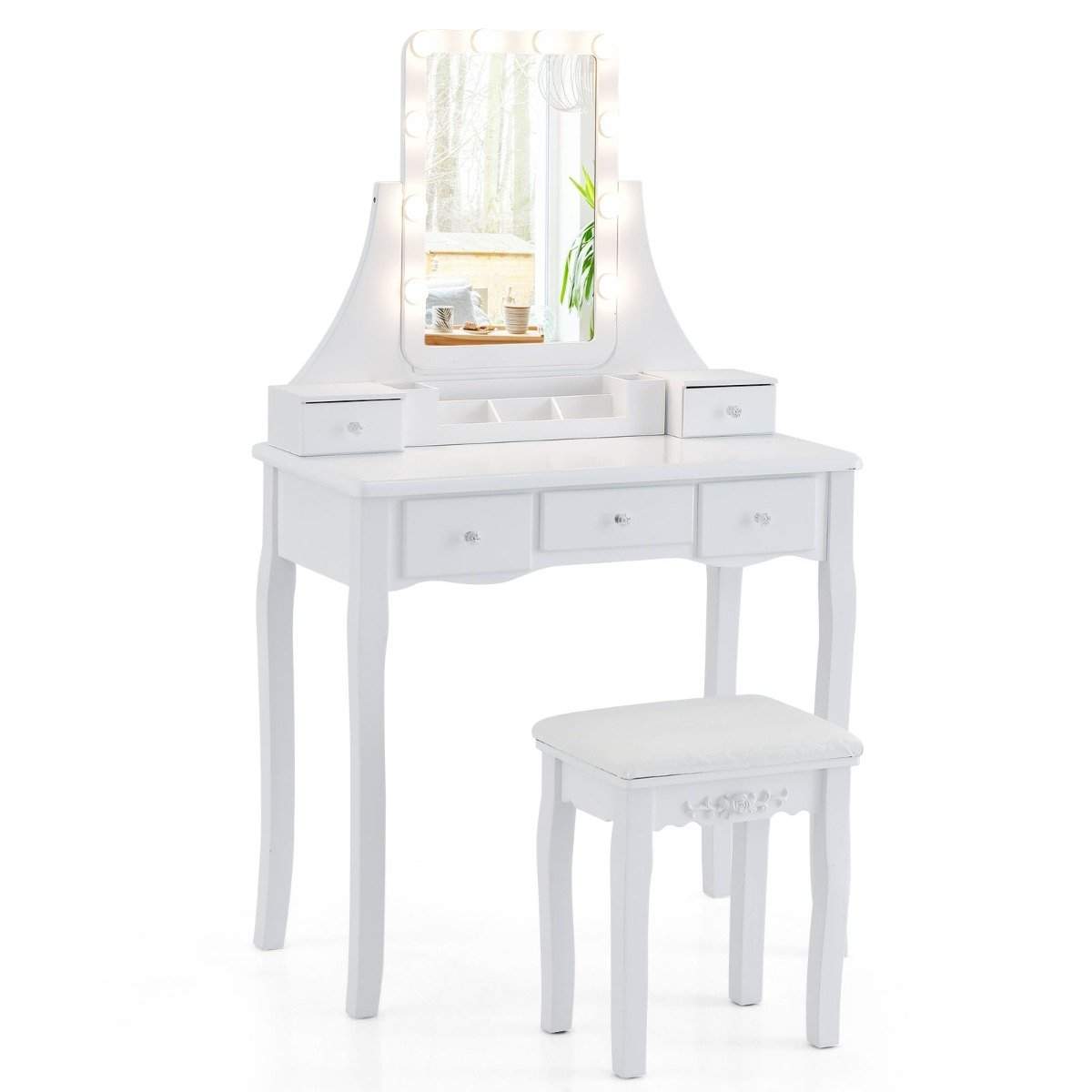 Toiletbord med LED-belysning & 5 skuffer & skammel toiletbord kosmetikbord hvid