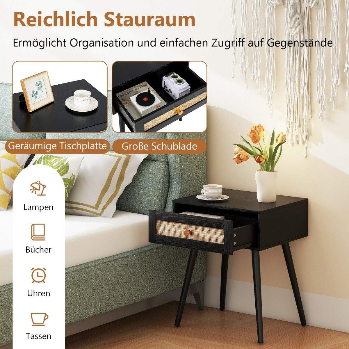 Natbord i rattan med skuffe og massive træben 48 x 40 x 58 cm Sort