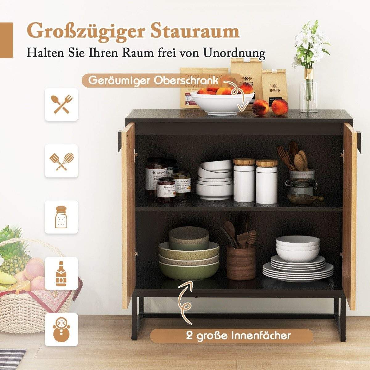 Skænk med 2 låger, køkkenskab med hylde, buffetskab moderne med metalben, 80 x 40 x 80 cm, sort