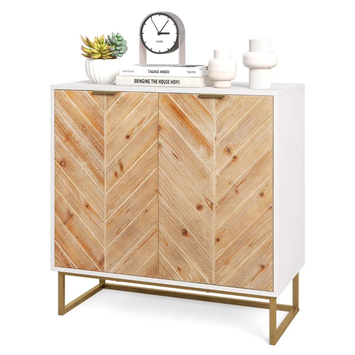 Skænk med 2 låger, køkkenskab med hylde, buffetskab moderne med metalben, hvid 80 x 40 x 80 cm