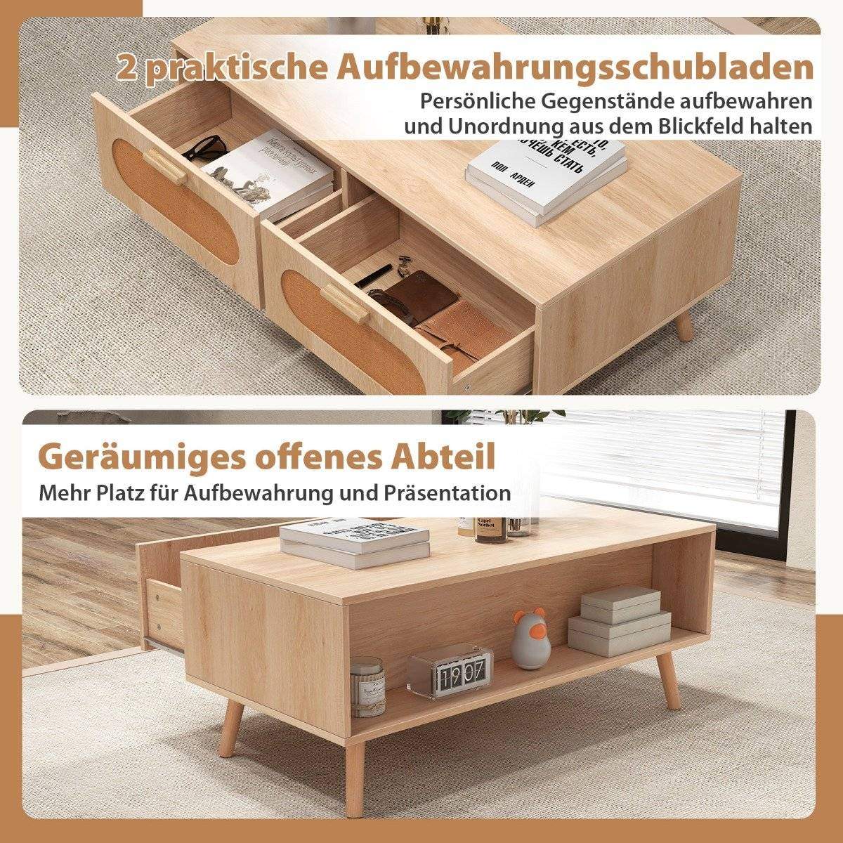 Sofabord i rattan med 2 skuffer, 100 x 50 x 41 cm, natur