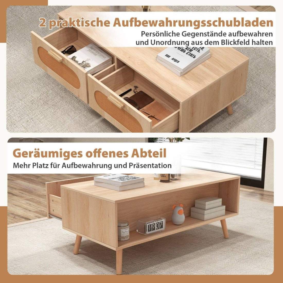 Soffbord i rotting med 2 lådor, 100 x 50 x 41 cm, natur | Elektronik - Ljud & Bild - TV-Tillbehör - Fjärrkontroller | Pryloteket