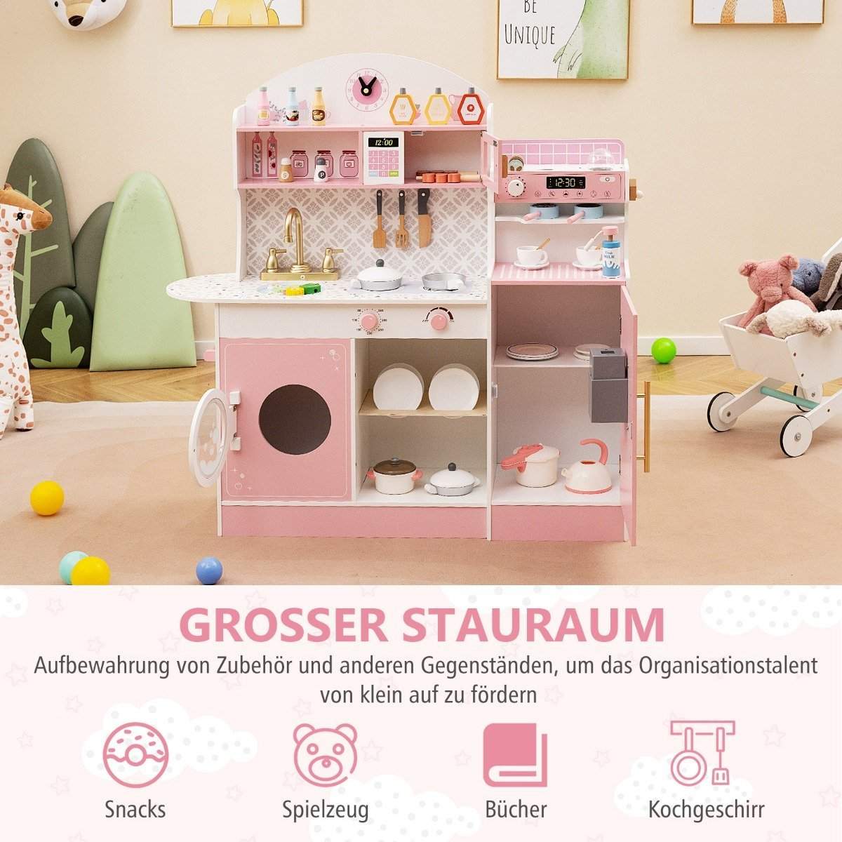 Børnekøkken med 27 tilbehør, legekøkken i træ med ur, mikroovn, pink
