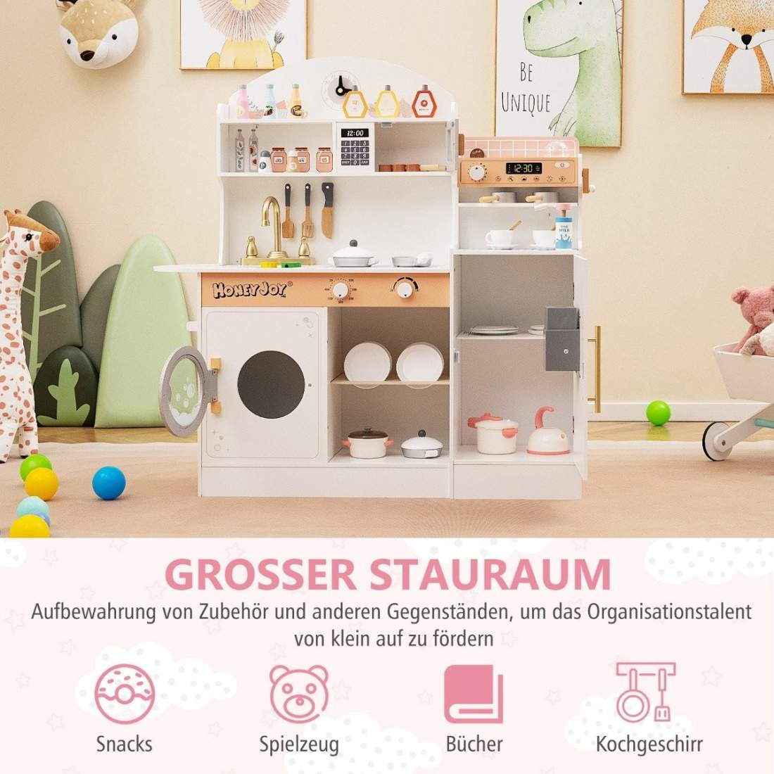 Barnkök med 27 tillbehör, lekkök i trä med klocka, mikrovågsugn, vit | Hem & Hobby - Hem & Hushåll - Kök - Köksredskap - Kaffe & Te - Kaffetillbehör | Pryloteket
