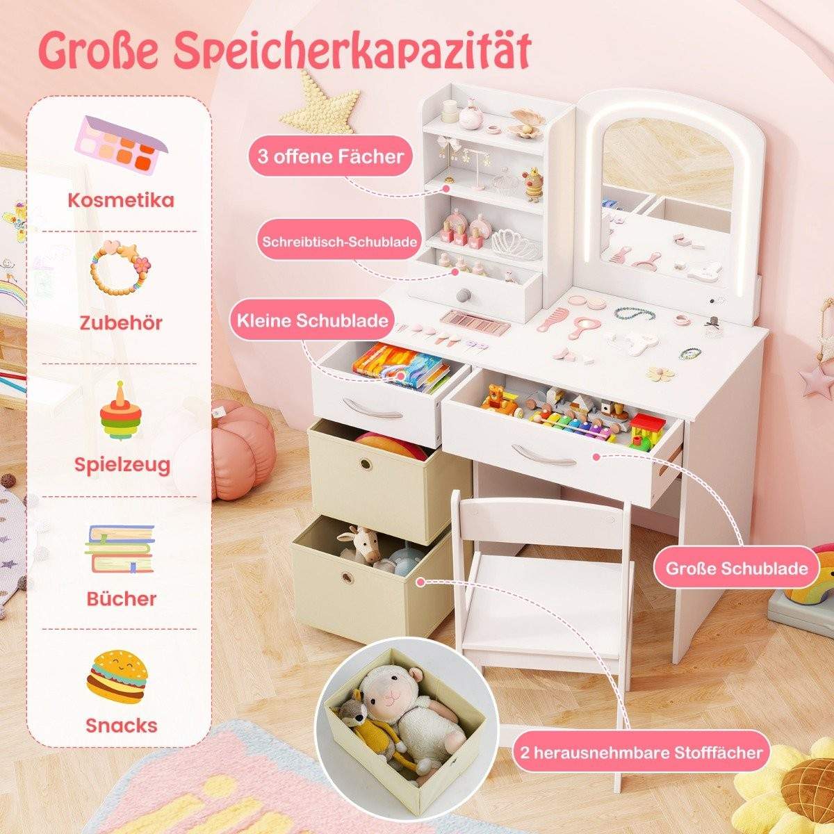 Børne sminkebord med belysning Børne sminkebord med spejl Toiletbord Hvid