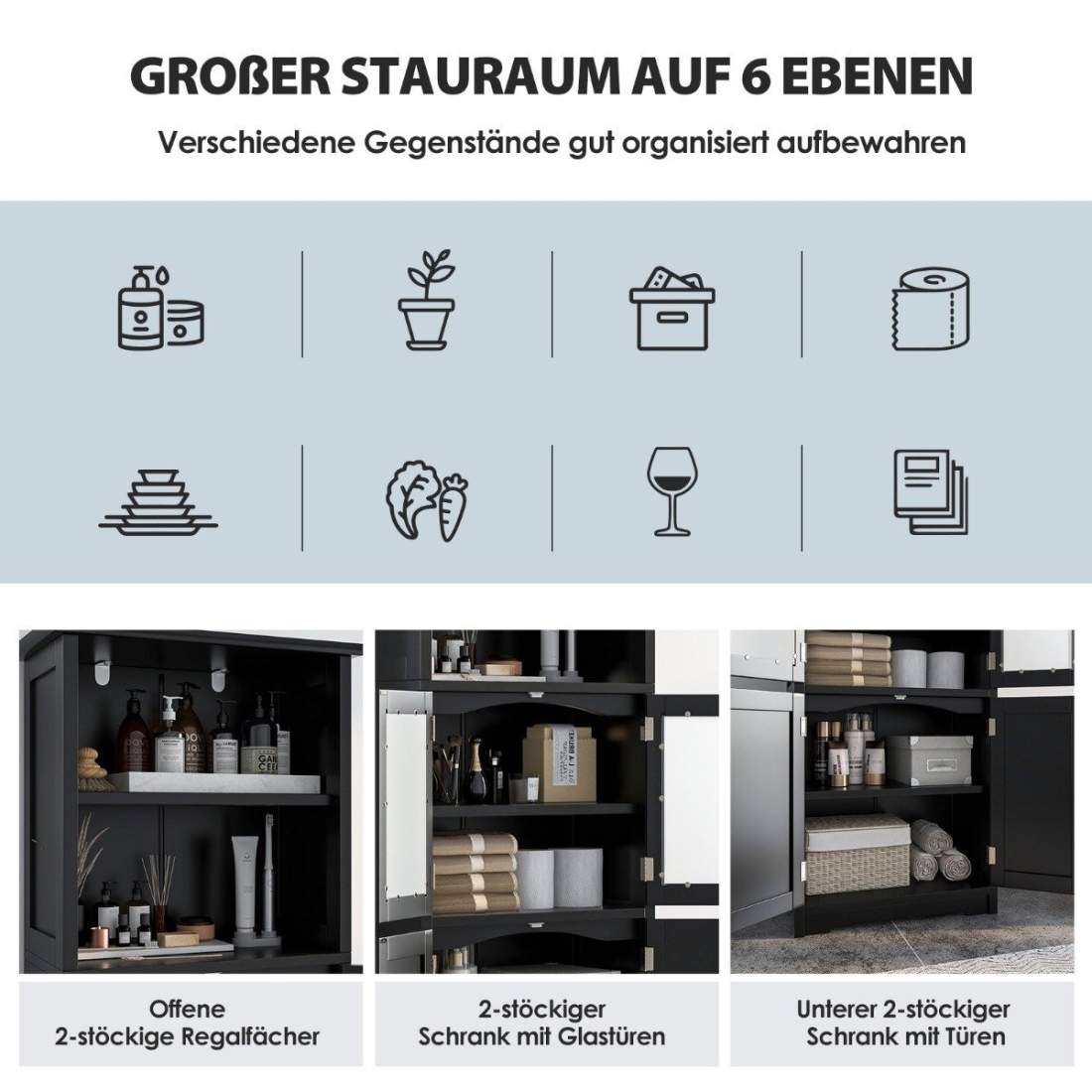 Badrumsskåp med glasdörrar, 2 öppna fack och justerbara hyllor, svart | Hem & Hobby - Hem & Hushåll - Textil - Handdukar | Pryloteket