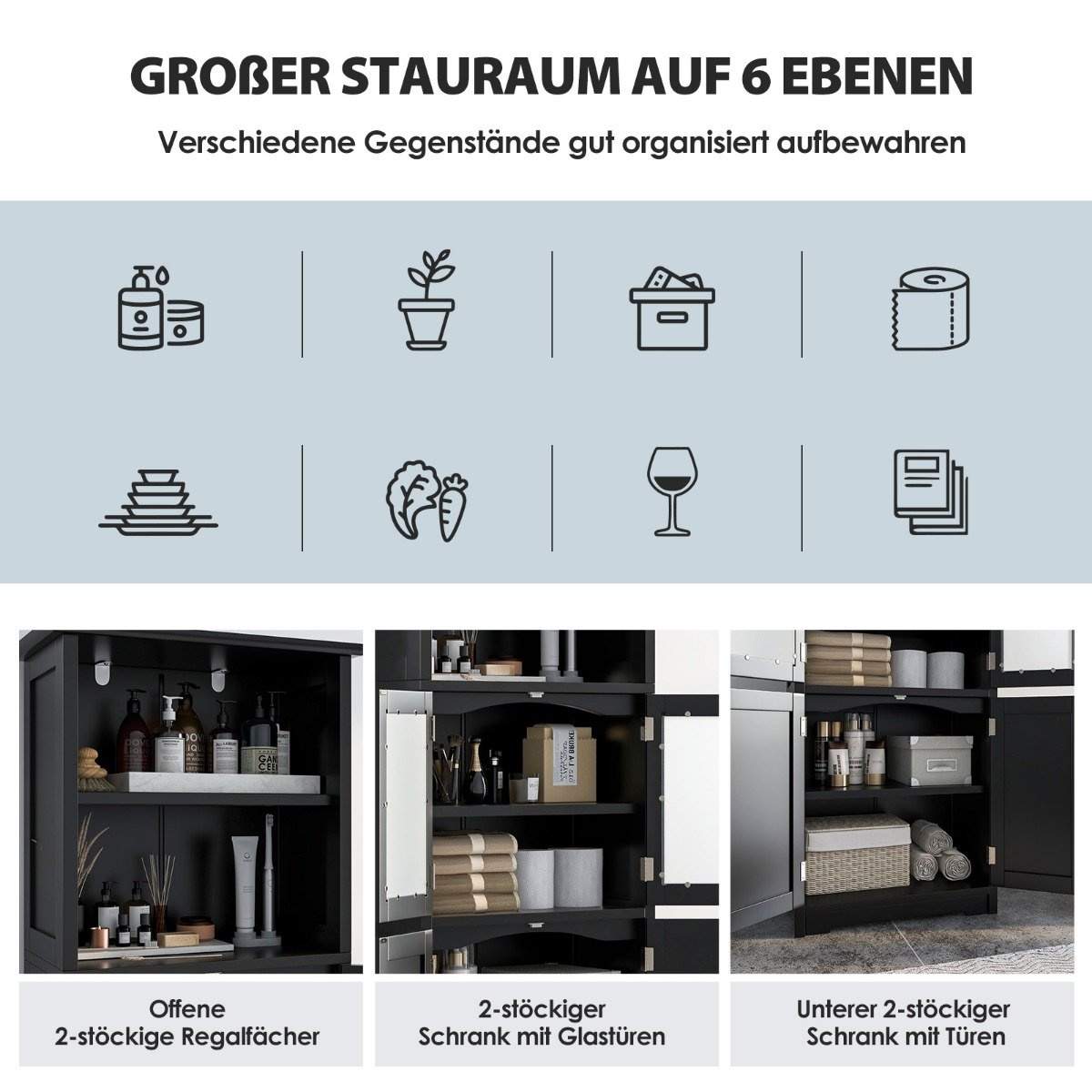 Kylpyhuonekaappi lasiovilla, 2 avointa lokeroa ja säädettävät hyllyt, musta