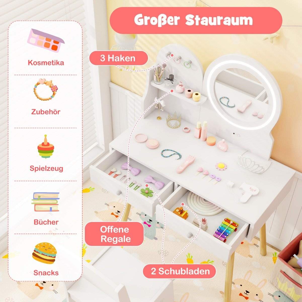 Børne sminkebord med belysning 2 i 1 sminkebord med spejl hvid