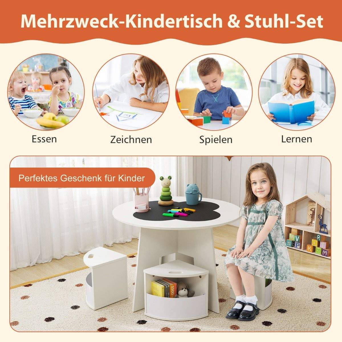 Børnebord og stolesæt, rundt, 5-delt træbørnesiddegruppe med 4 opbevaringsskamler, hvid