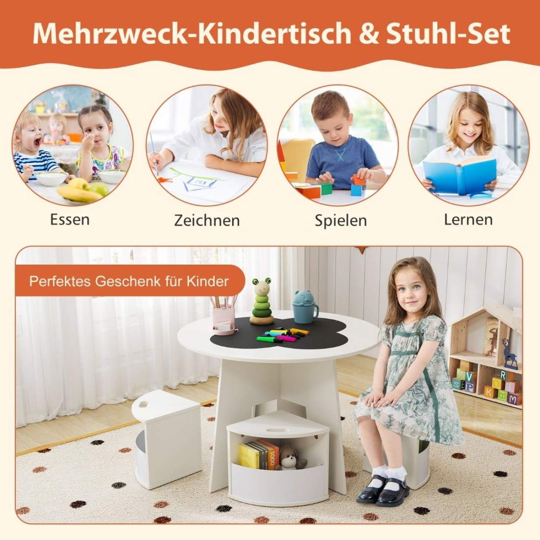 Barnbord och stolsset, rund, 5-delad barnsittgrupp i trä med 4 förvaringspallar, vit | Leksaker & Spel - Leksaker | Pryloteket