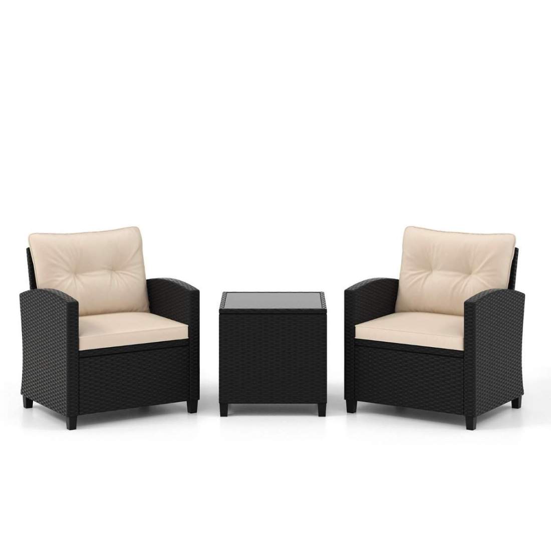 3-delad trädgårdsmöbelset i rotting inklusive 2 fåtöljer och 1 sidobord, sittset med kuddar, beige | Hem & Hobby - Hem & Hushåll - Balkong | Pryloteket