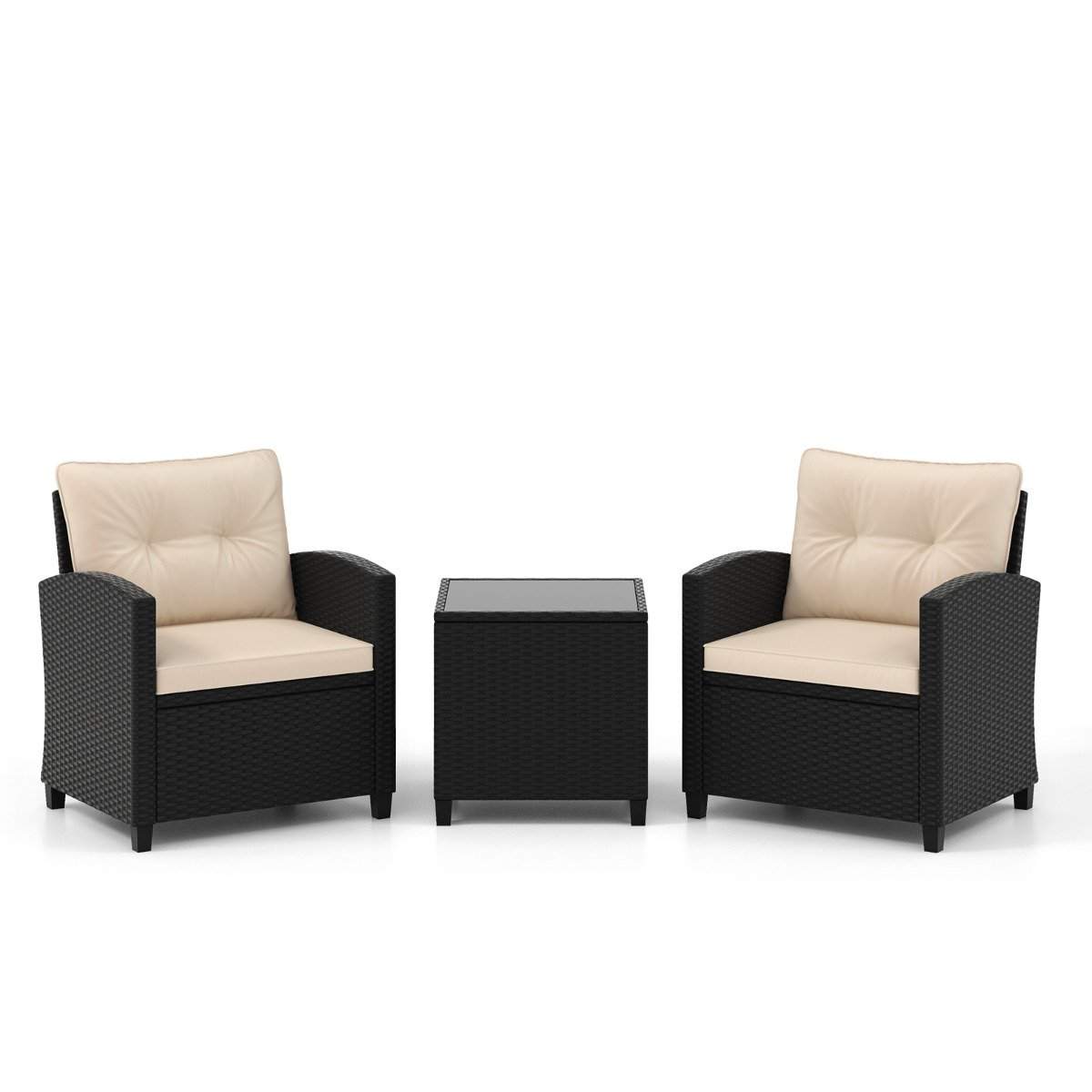 3-delt havemøbelsæt i rattan inklusive 2 lænestole og 1 sidebord, siddesæt med hynder, beige