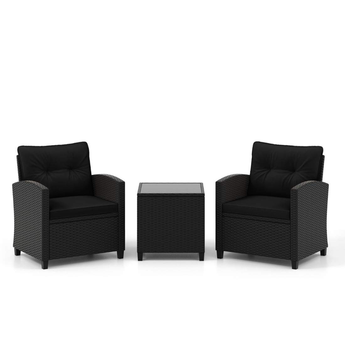 3-delad trädgårdsmöbelset i rotting inklusive 2 fåtöljer och 1 sidobord, sittset med kuddar, svart | Hem & Hobby - Hem & Hushåll - Balkong | Pryloteket