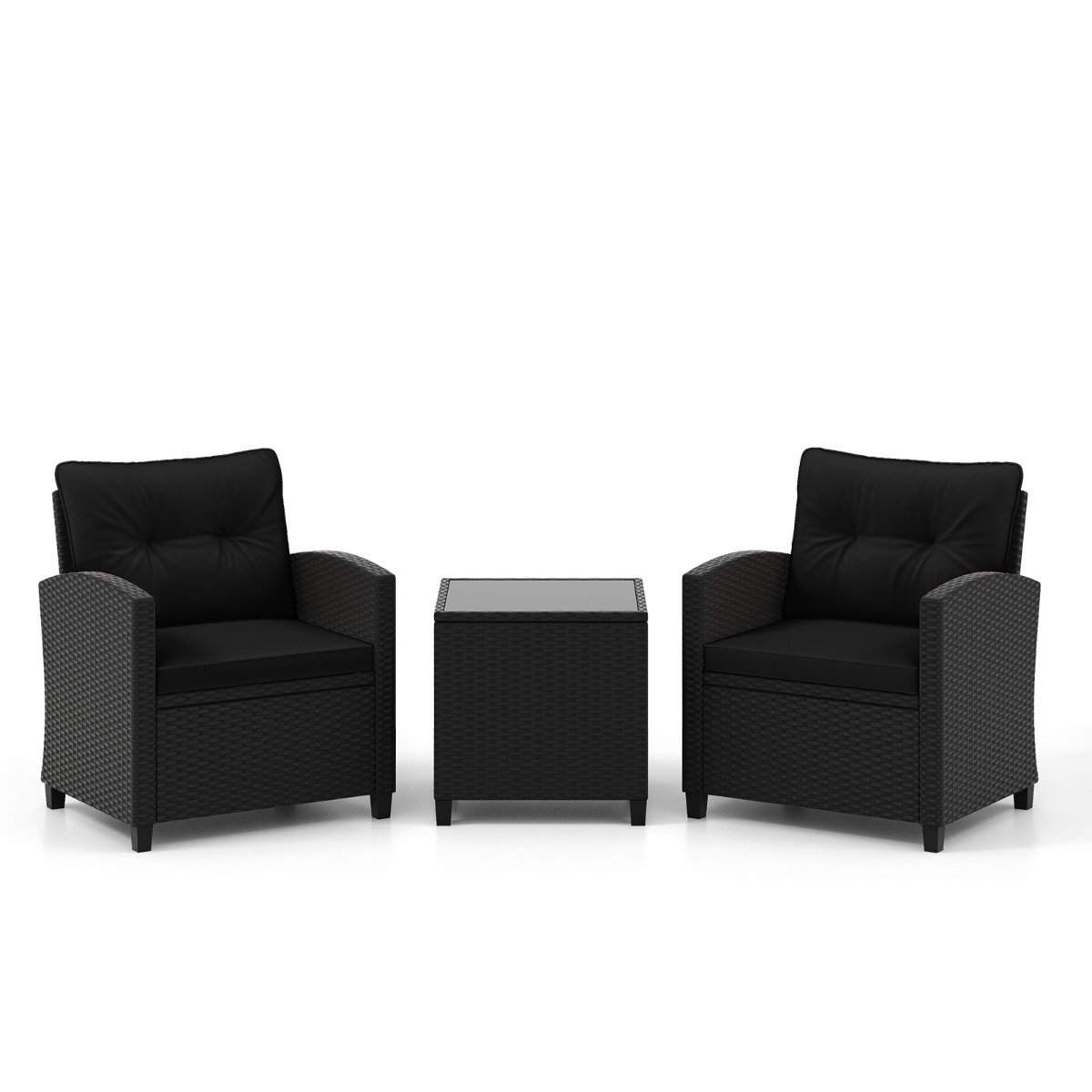 3-delt havemøbelsæt i rattan inkl. 2 lænestole og 1 sidebord, siddesæt med hynder, sort