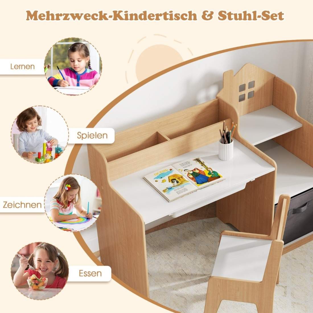 Skrivbords- och stolset för barn Studentbord med öppna hyllor Vit + Natur | Leksaker & Spel - Leksaker - Rittillbehör & Pyssel - Klistermärken | Pryloteket