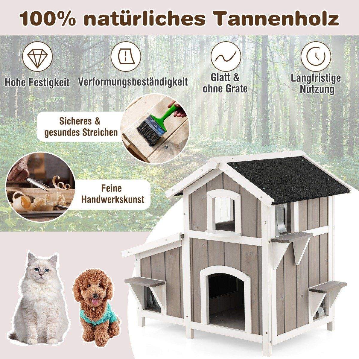 Kattehus Udendørs 2-etagers Kattehytte Kattevilla med asfalttag Grå 100 x 64 x 82,5 cm