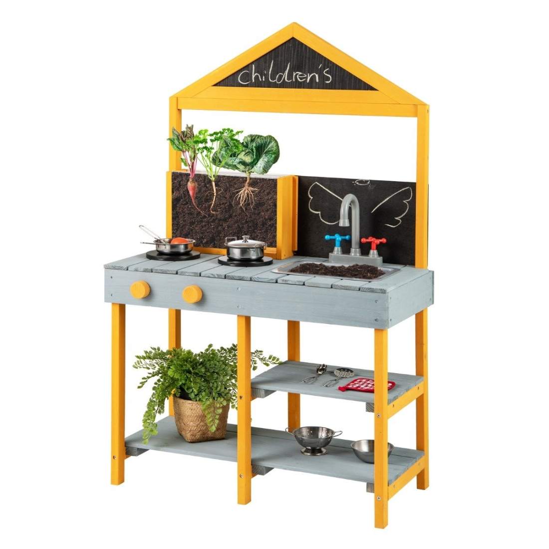 Lerkök för barn, barnkök utomhus av granträ med plantering, 2 svarta tavlor och en blå kran. | Hem & Hobby - Resa & Semester - Organisering | Pryloteket