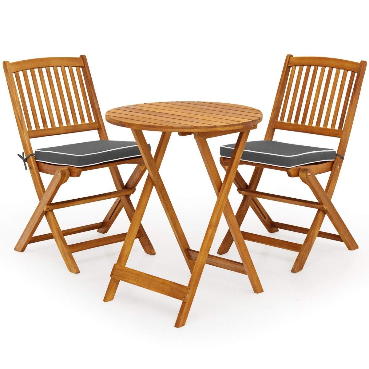 3-delt altanmøbelsæt med rundt bord, 2 stole og 2 hynder. Ergonomisk siddesæt, grå.