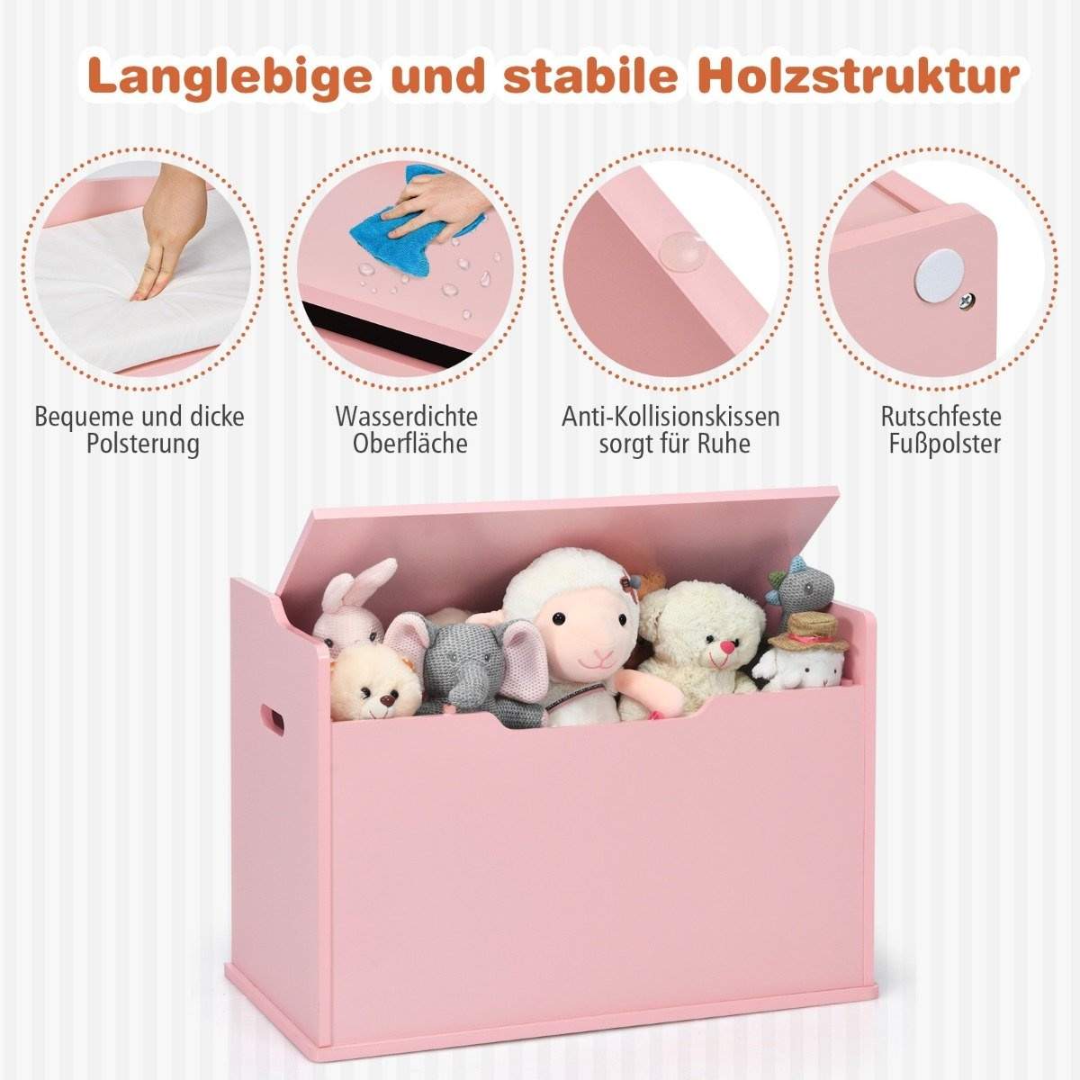 Legetøjsboks med låg 2 i 1 legetøjskrin med pude legetøjsskab lavet af træ med bærehåndtag pink