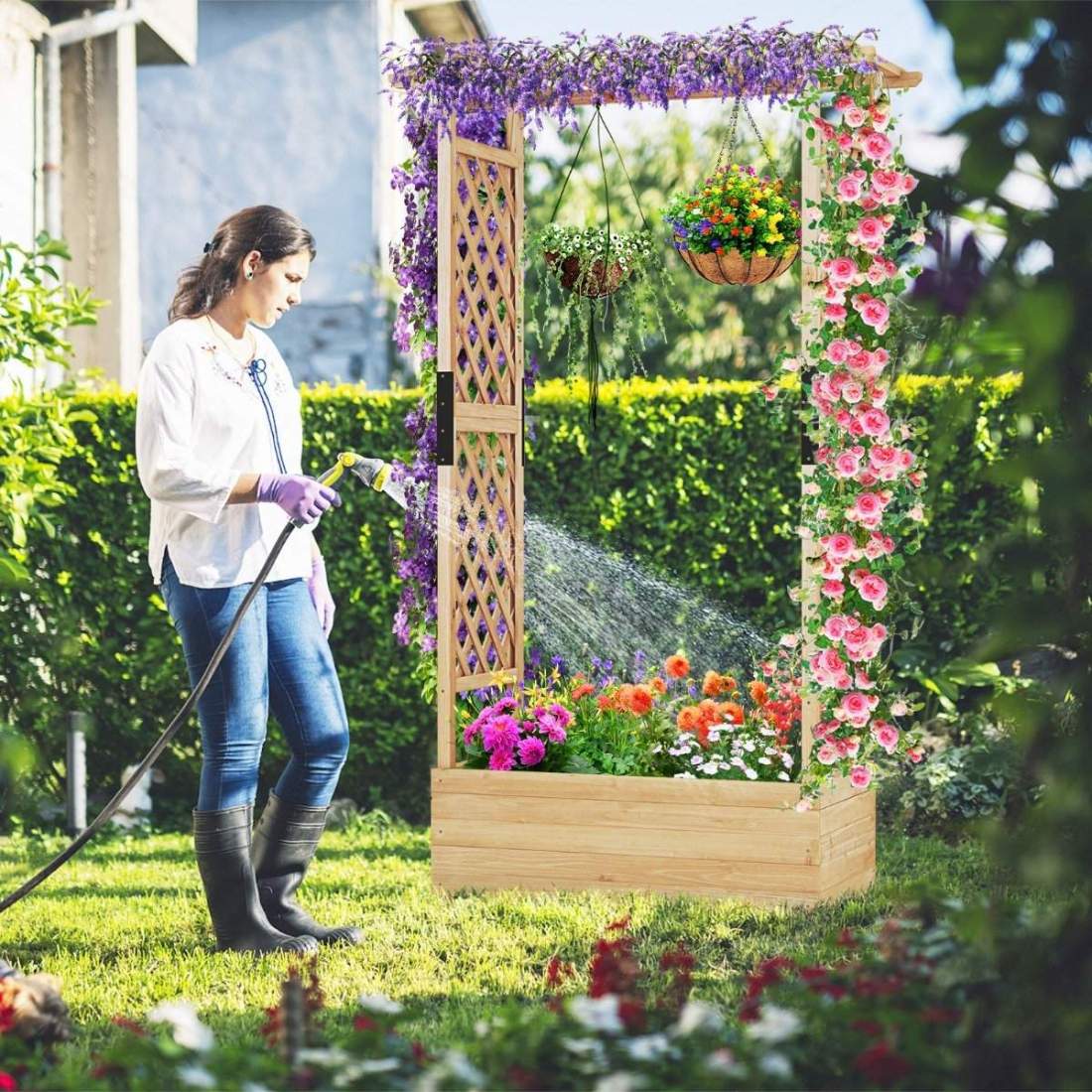 Upphöjd säng med spaljé och hängande tak, plantering med spaljé 110 x 44 x 182 cm natur | Hem & Hobby - Hem & Hushåll - Lampor & Belysning - Ljusslingor | Pryloteket