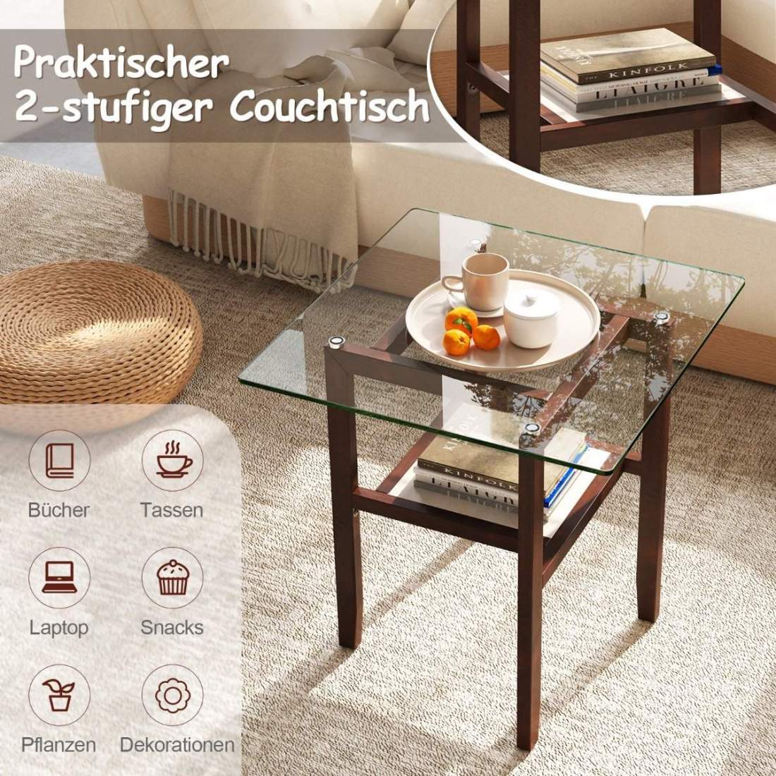 61 cm långt och brett sidobord i glas 2-vånings glasbord med förvaringsutrymme brunt | Hem & Hobby | Pryloteket