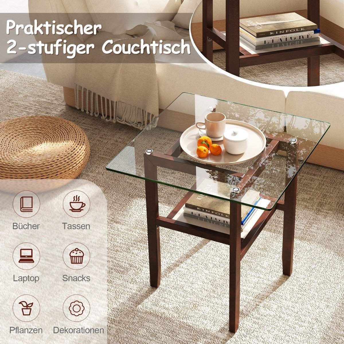 61 cm langt og bredt glas sidebord 2 etagers glasbord med opbevaringsplads brun