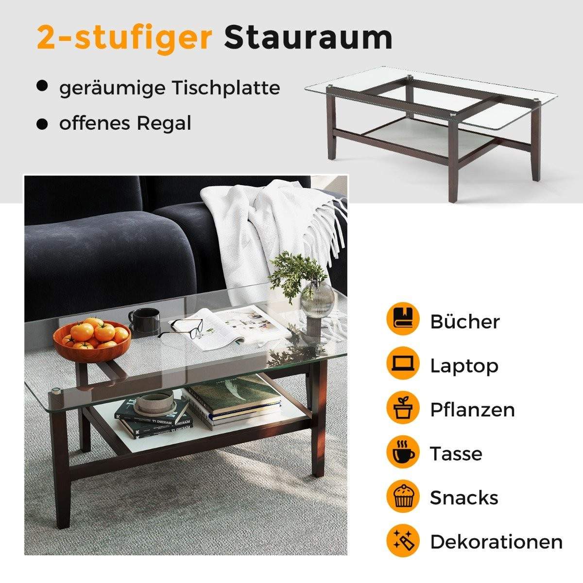 Glas sofabord 2 etagers sidebord med opbevaringsplads 107 cm langt rektangulært sofabord