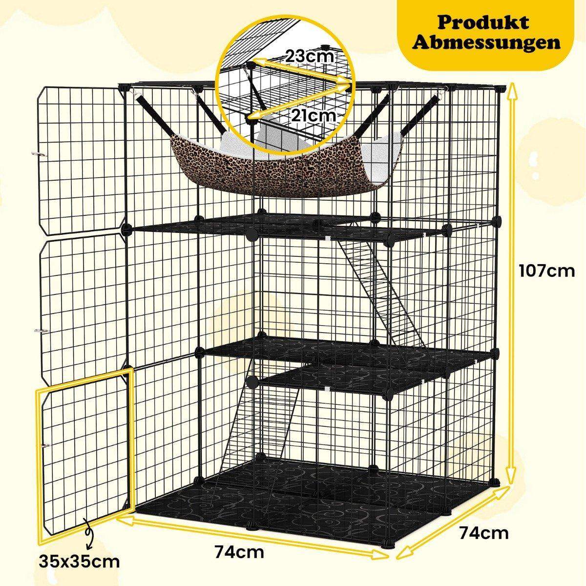 Kattebur 3-etagers stort kattehus med hængekøje 2 stiger 3 døre & ovenlys 74 x 74 x 107 cm