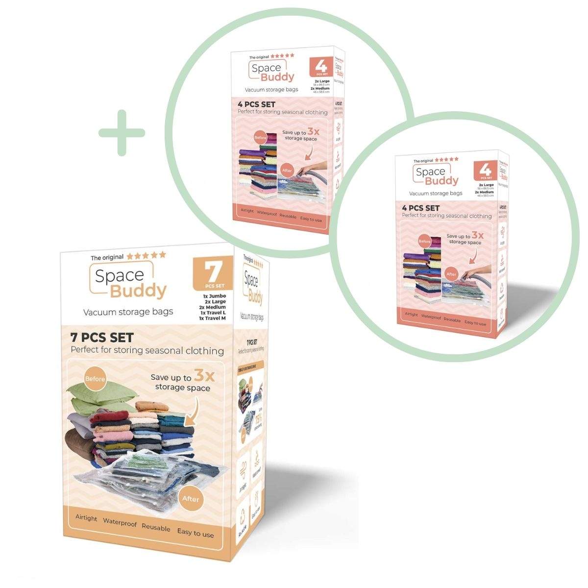 Space Buddy - Vacuum Opbevaringsposer - 7 stk sæt + 2x 4 stk sæt