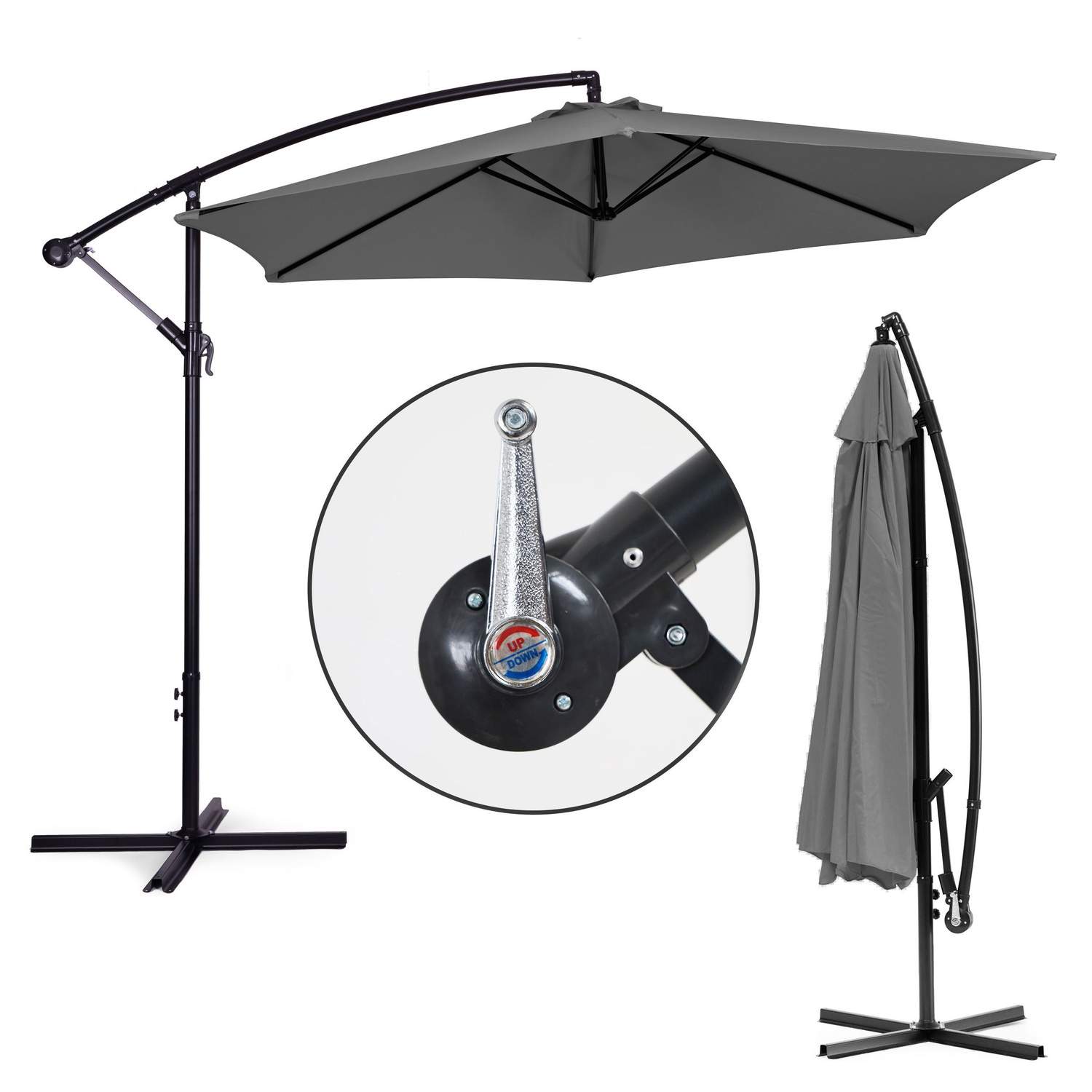 Stor haveparasol med udhængsarm, foldbar 3 m, grå, 6 ribben MultiGarden