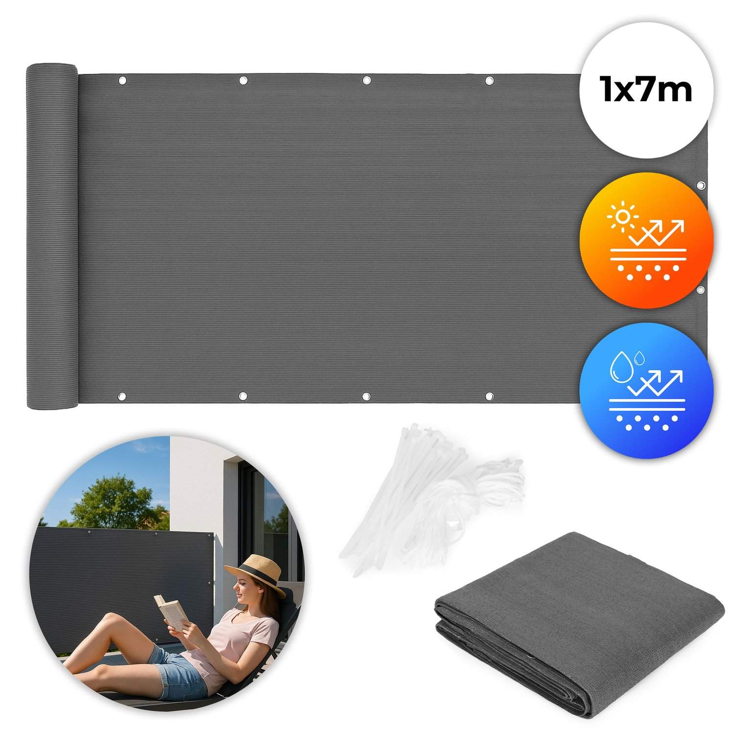 Balkong Sekretessskärm med beslag 100x700 cm Skuggnät + Monteringstillbehör Grå MultiGarden | Hem & Hobby - Hem & Hushåll - Balkong | Pryloteket