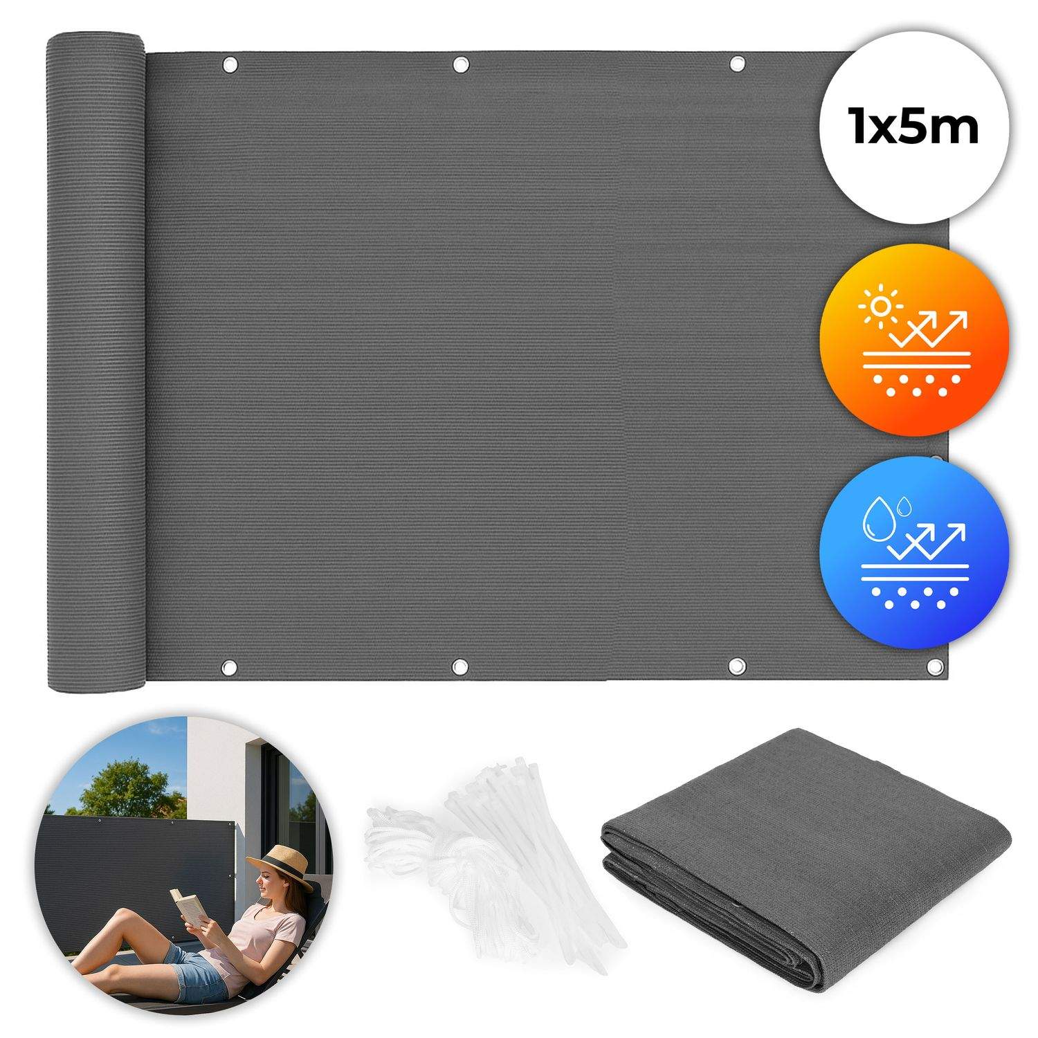 Balkong Sekretessskärm med beslag 100x500 cm Skärmnät + Monteringstillbehör Grå MultiGarden | Hem & Hobby - Hem & Hushåll - Balkong | Pryloteket