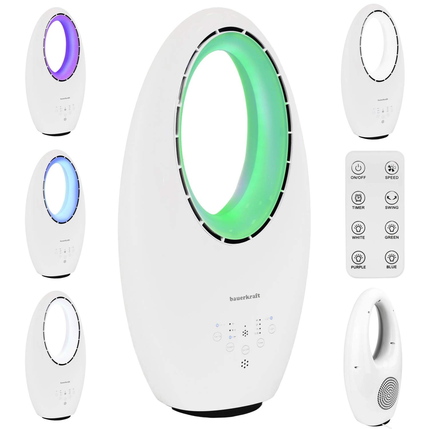 Modern bladlös stående golvfläkt 60W – 3 lägen, fjärrkontroll, timer, LED-belysning