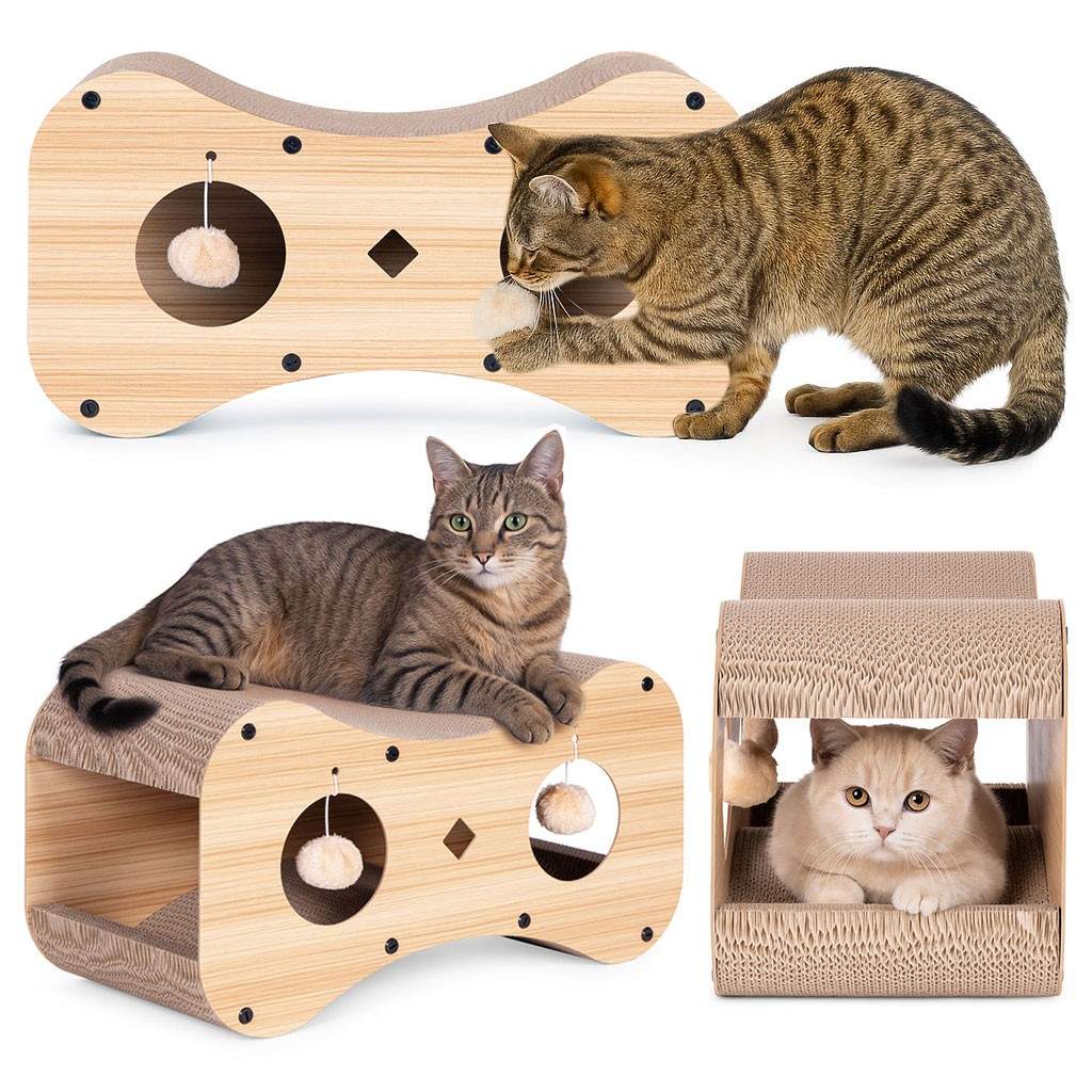 Katteskraber i pap med hus, seng og hængende Pom-Poms Petsi