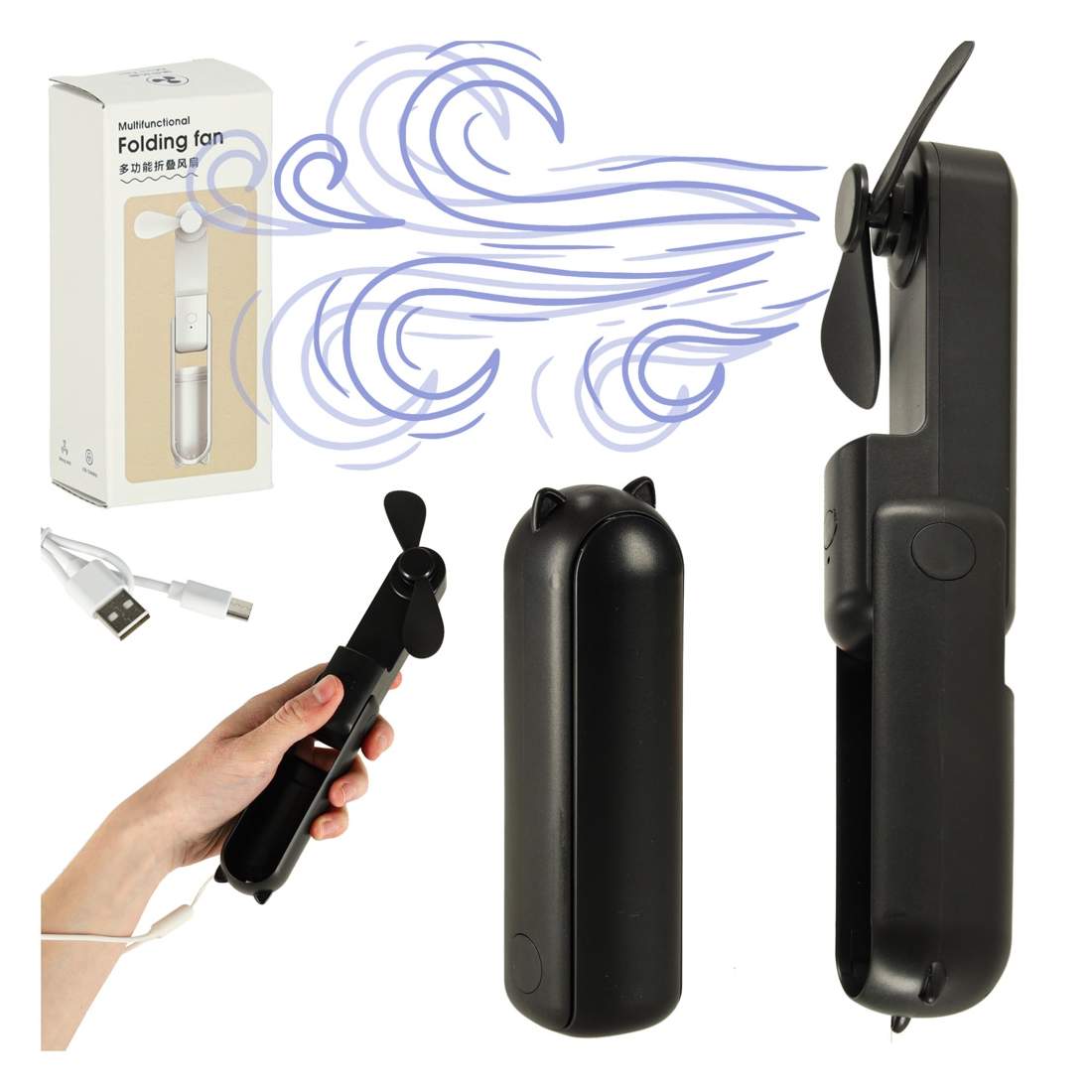 Mini håndblæser foldbar USB sort