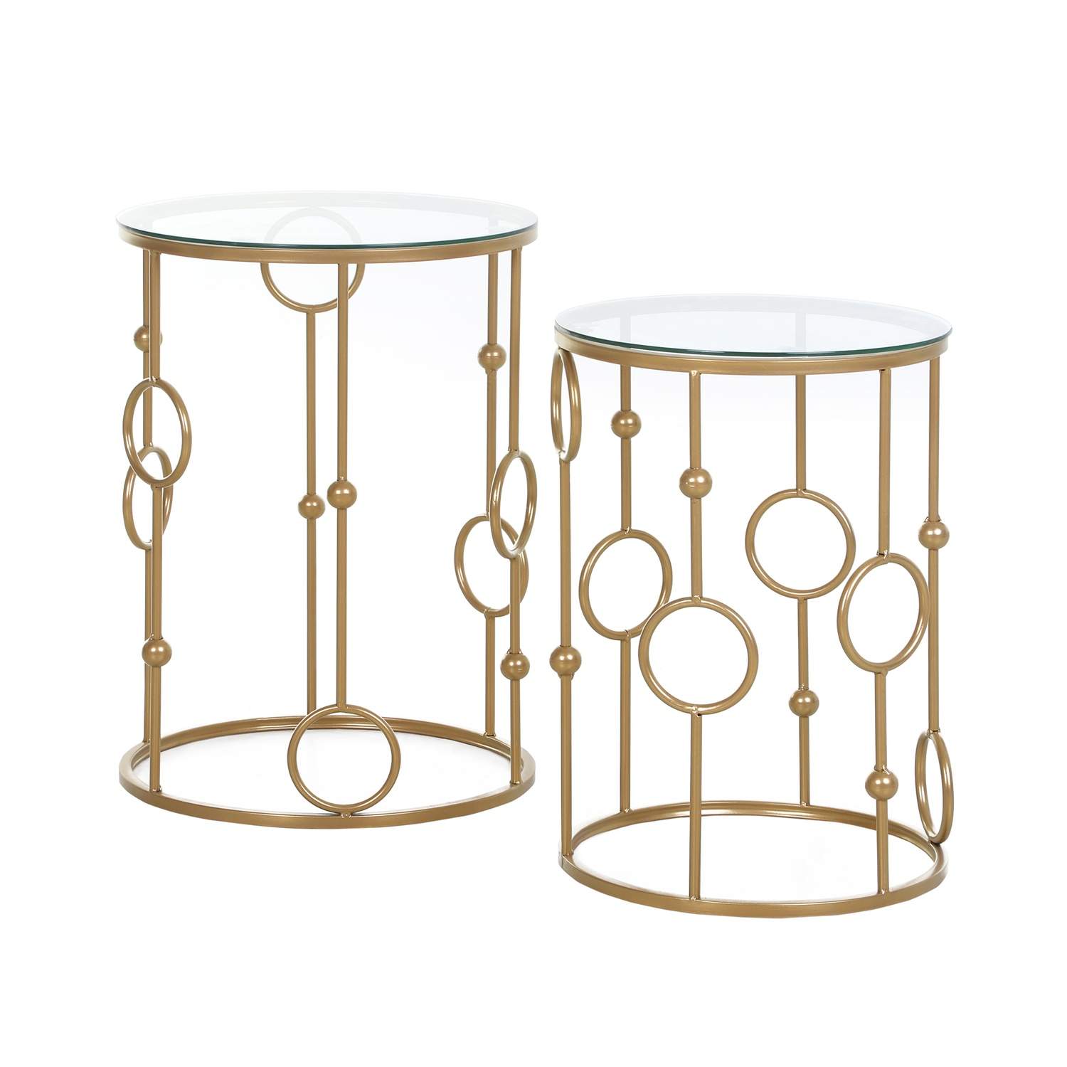 Sæt med 2 sofaborde, sideborde med glasplader, stueborde med bøjle og kugle design Ø41 x 57 cm, guld